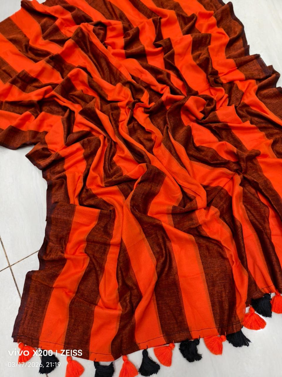 Orange n black striped mulmul cotton saree