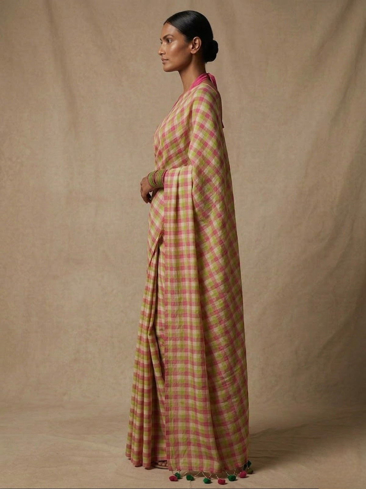 Multi colour check offwhite n pink  mulmul cotton saree
