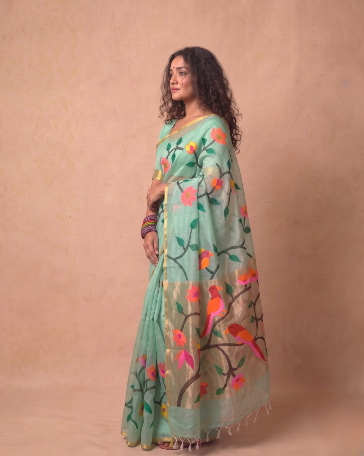 Mint green resham Silk Handloom Saree with Multi-Color Vine Weave