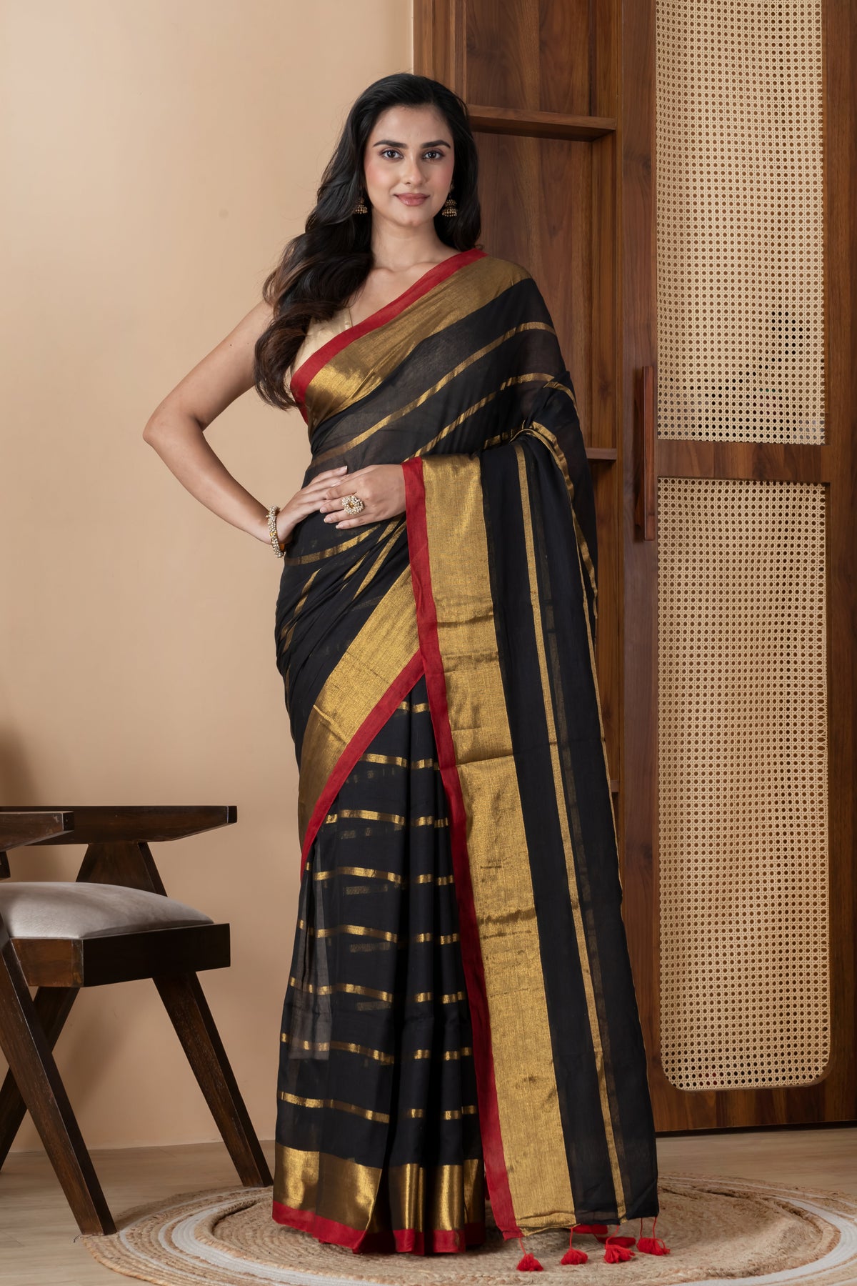 Black & Gold Zari Striped Mul Cotton Saree