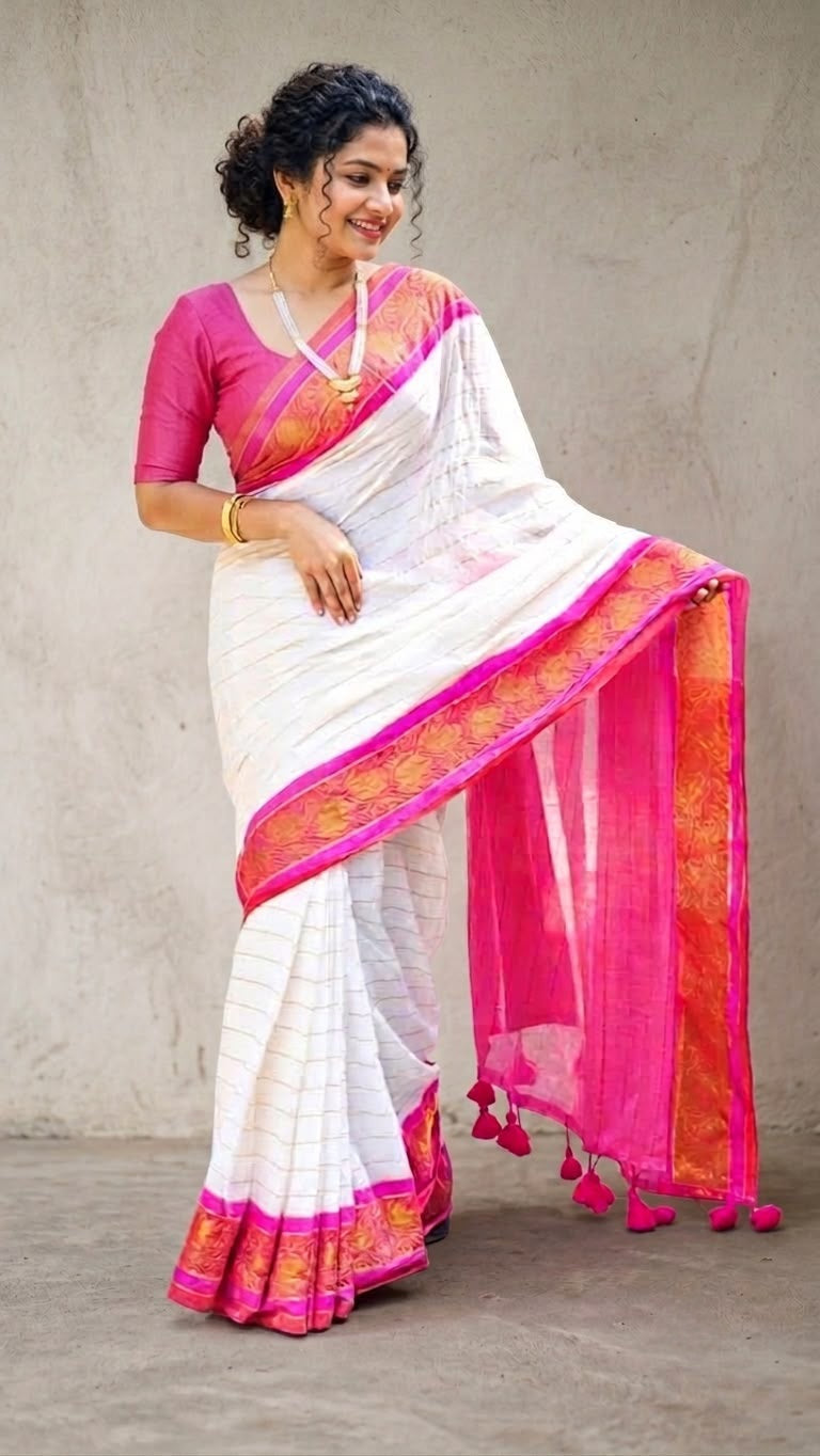 Classic White Mul Cotton Saree with Vibrant Pink Kanchi Zari Border