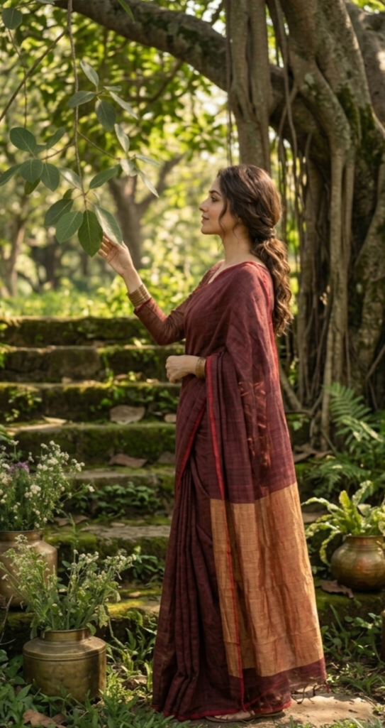 Maroon pure Linen Saree
