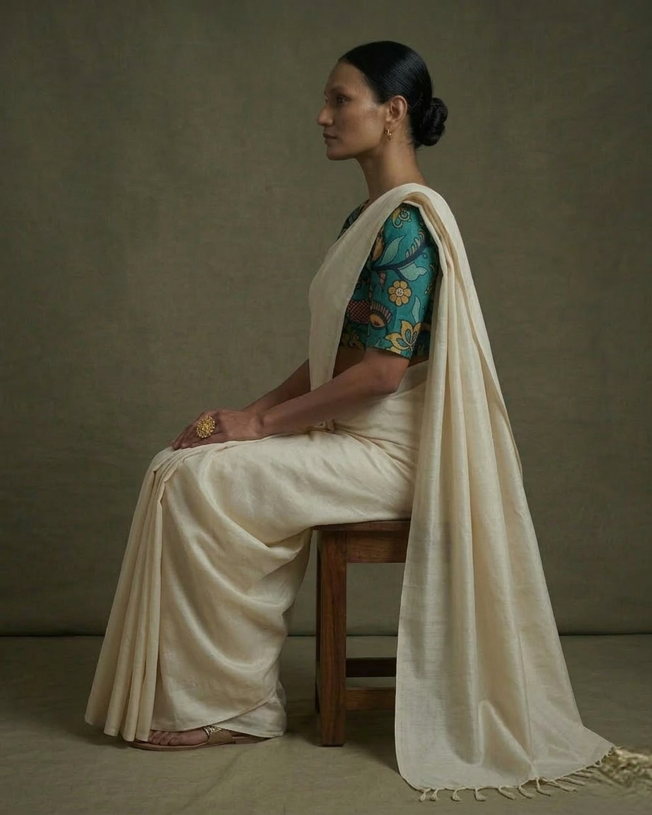 Plain ivory color mangalgiri cotton sarees with hand-painted kalamkari bP .