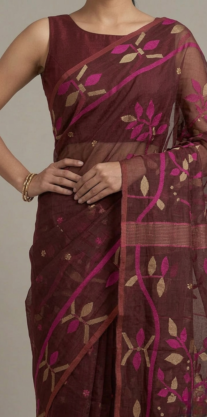 Brown jamdani woven Resham Silk