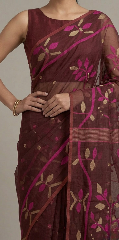 Brown jamdani woven Resham Silk