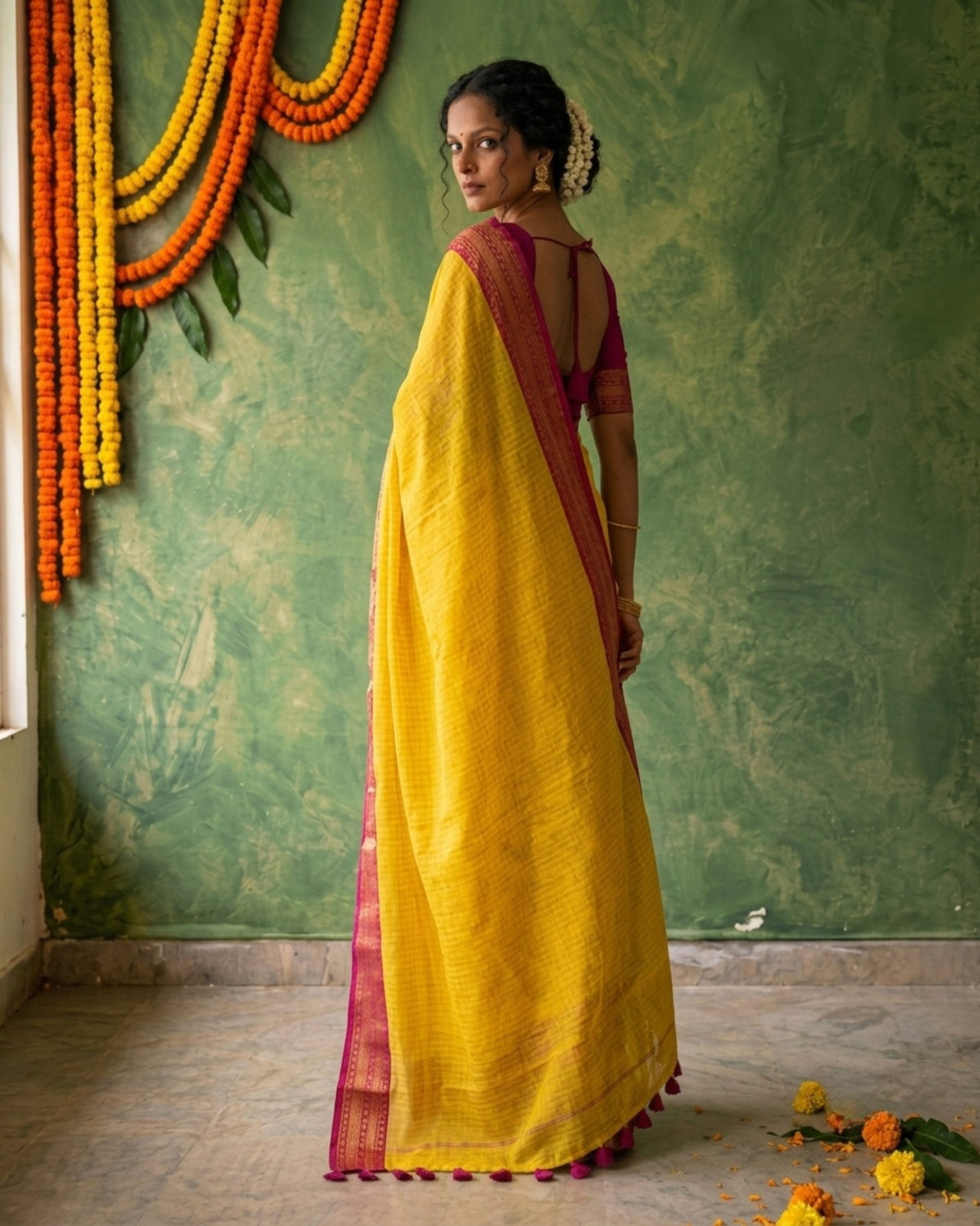 Yellow striped pink kanchi border mulmul saree