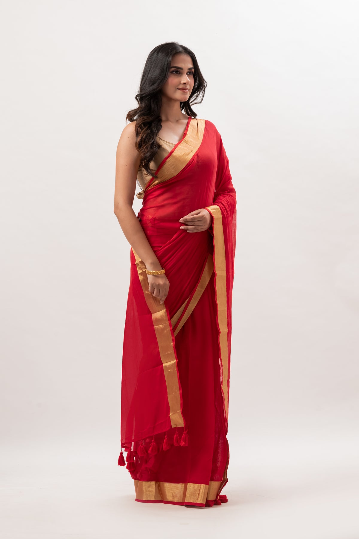 Vermillion red gold zari border mulmul saree
