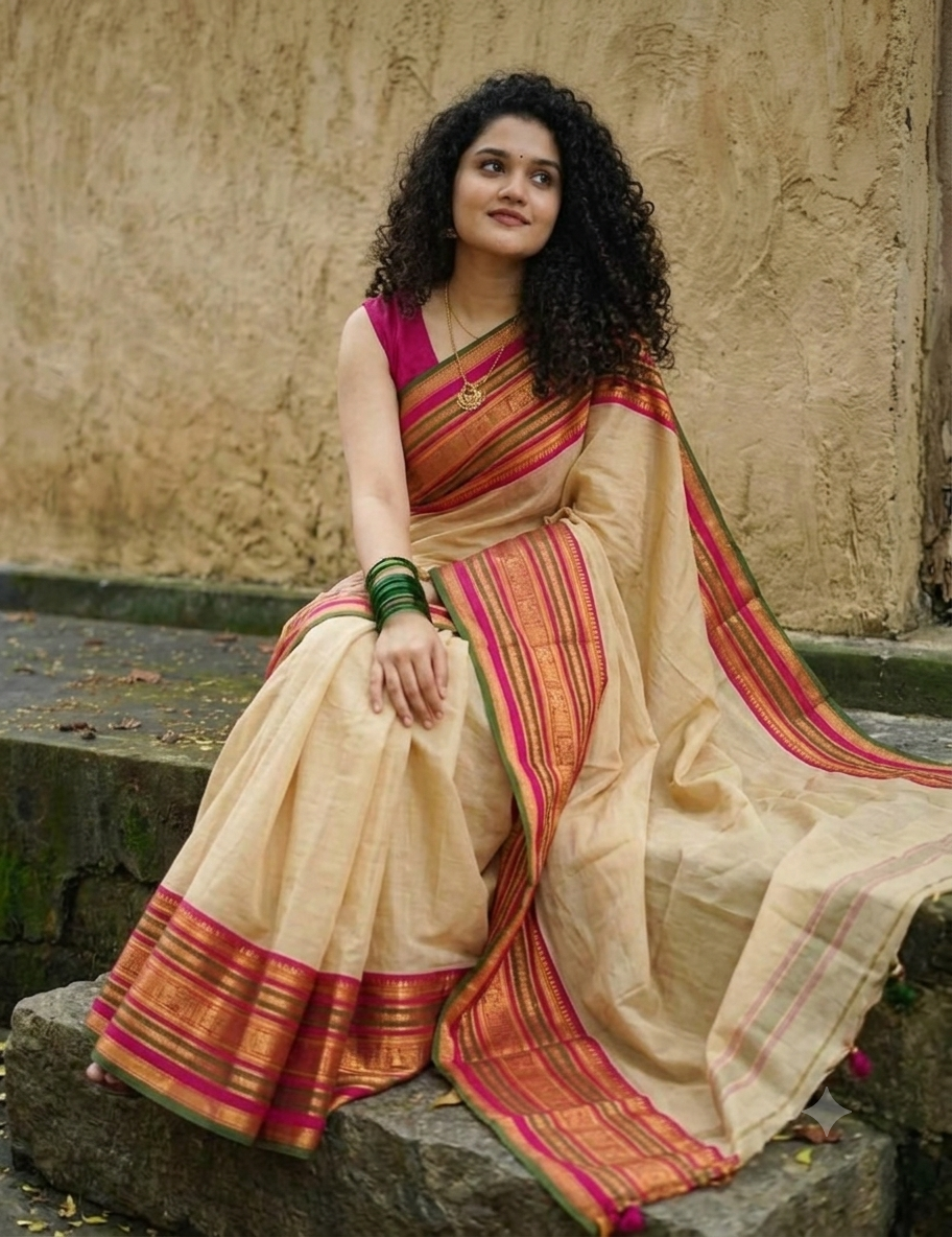Off white pink zari border mulmul cotton saree
