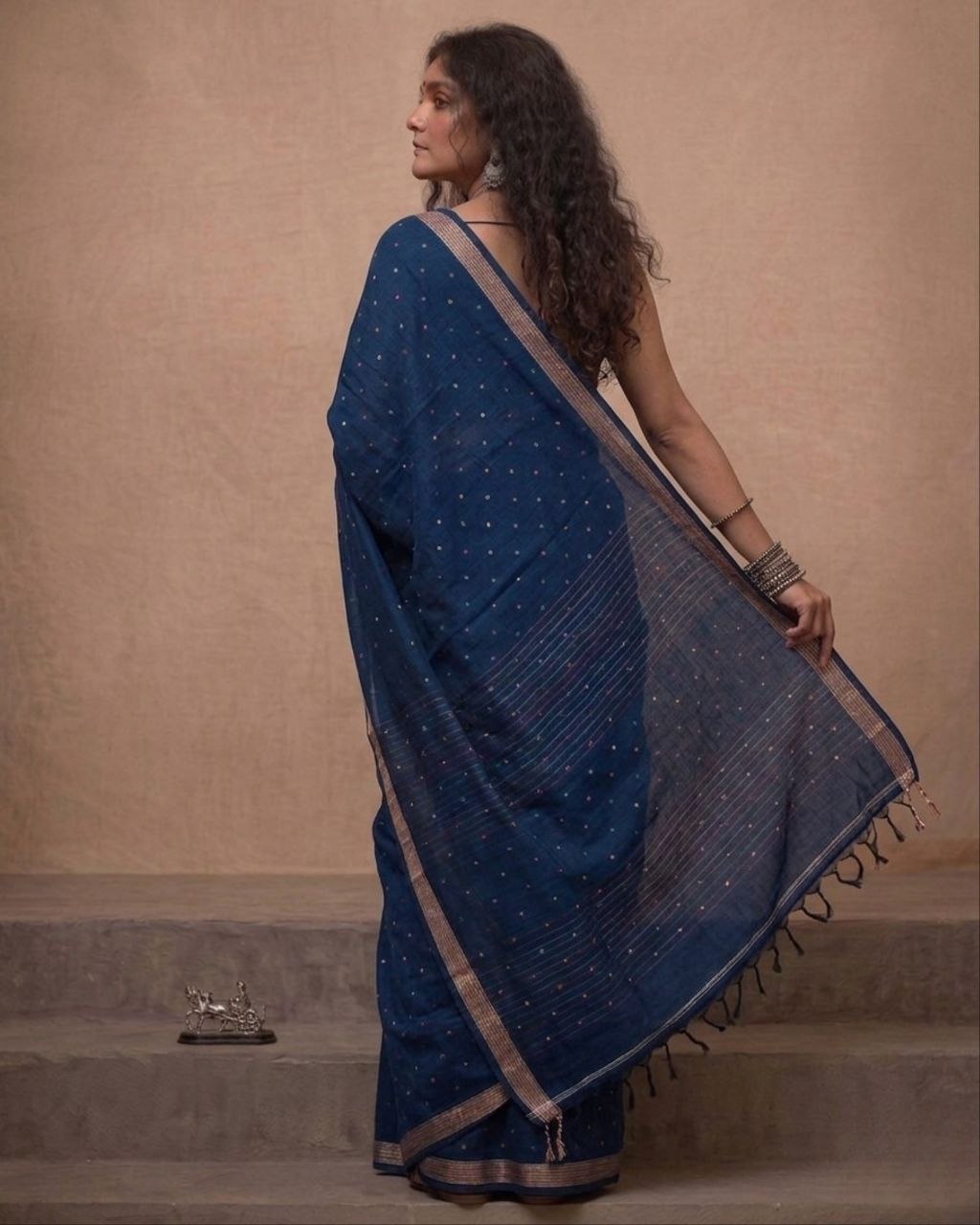 Indigo blue organic cotton linen saree
