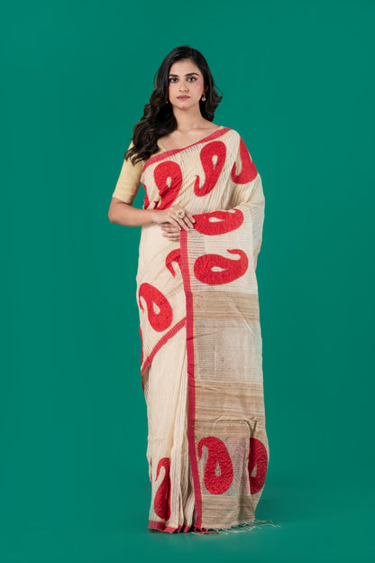 Embroidered gheecha red & white saree