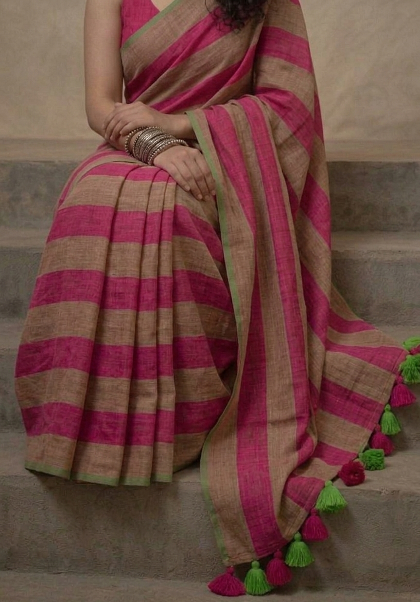 Dark pink n brown striped mulmul cotton saree