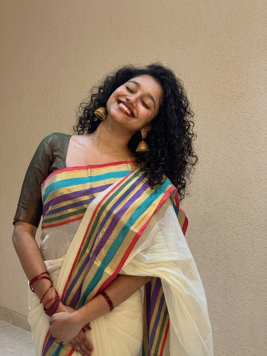 Off white mulmul cotton saree multi border