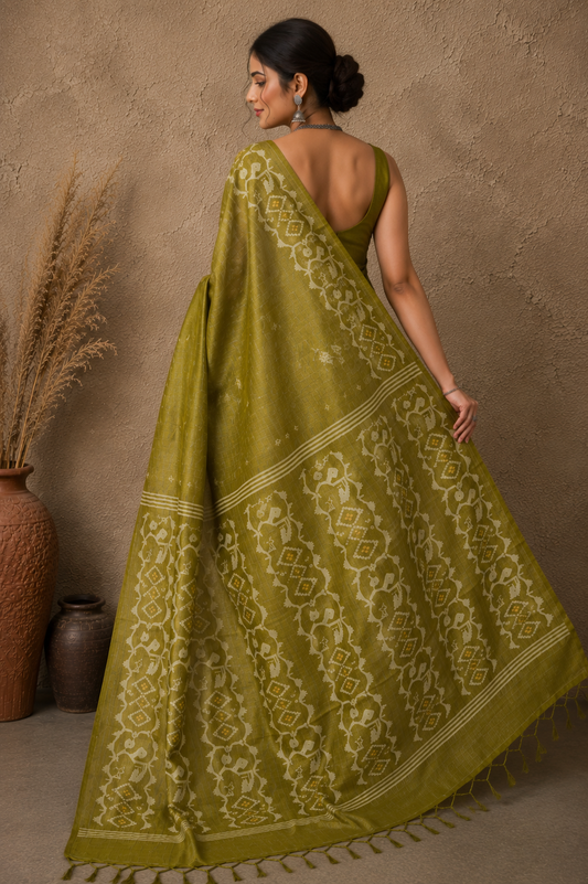 Mehendi green tussar Jamdani saree