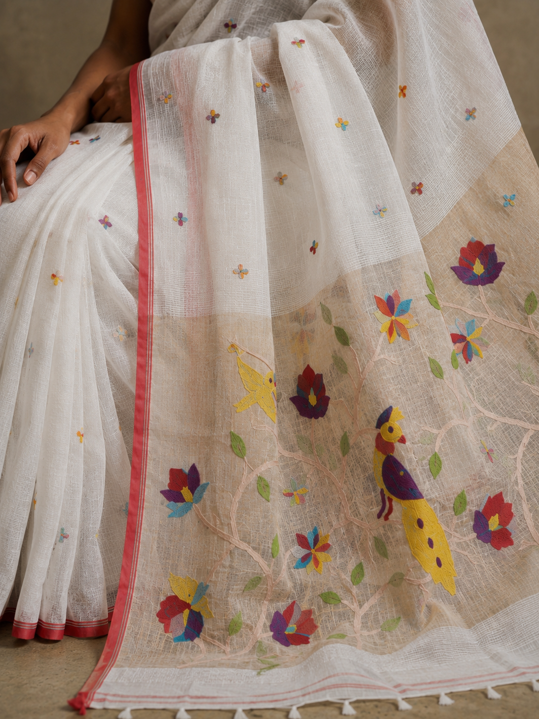 Handspun white resham paithni silk saree