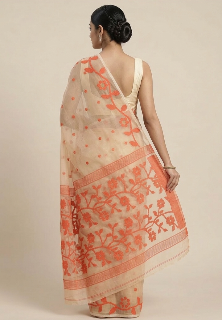 Off white and orange jamdani woven resham Silk