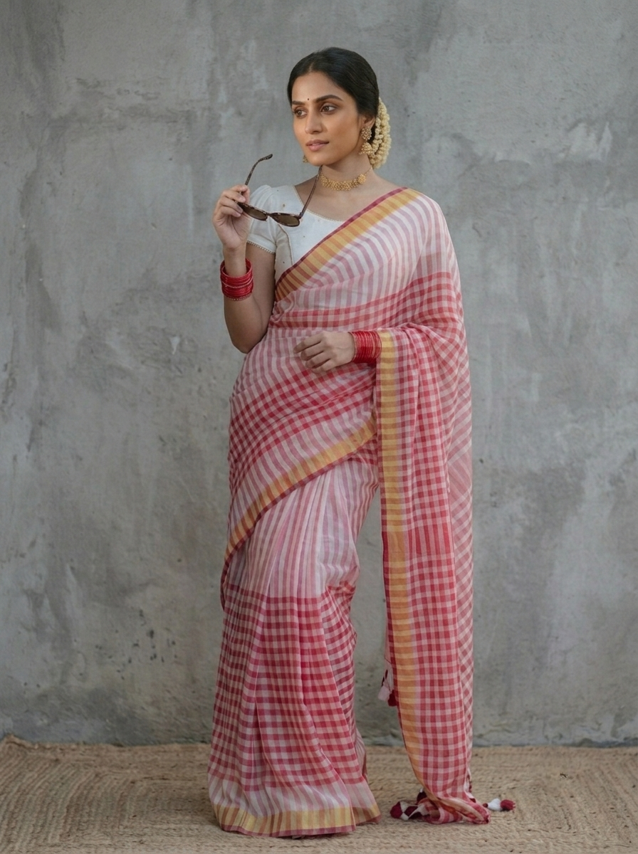 Red and White Checkered Cotton Saree with Golden Border