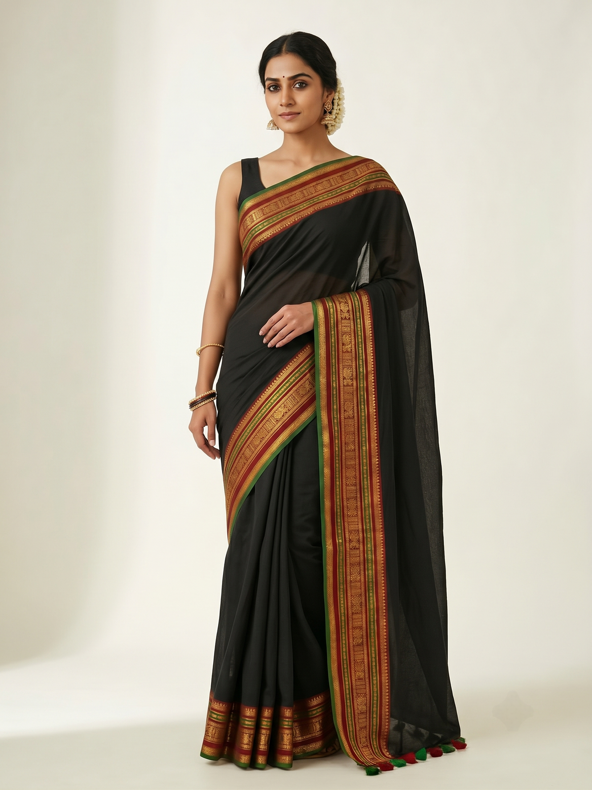 Gorgeous black mul cotton saree with multicolor kanchi borde