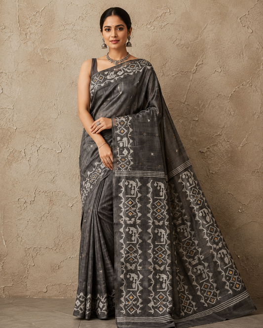 Dark grey tussar Jamdani saree