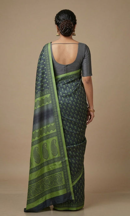 Sage green printed tussar saree