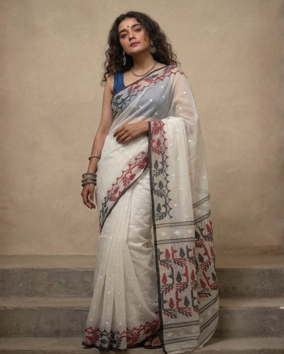 Red n white handloom cotton jamdanis