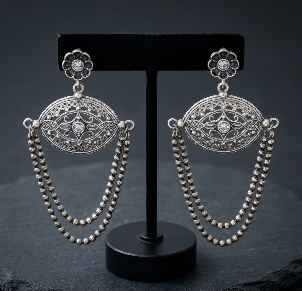 Statement Geometric Silver-Look-Alike Drop Earrings