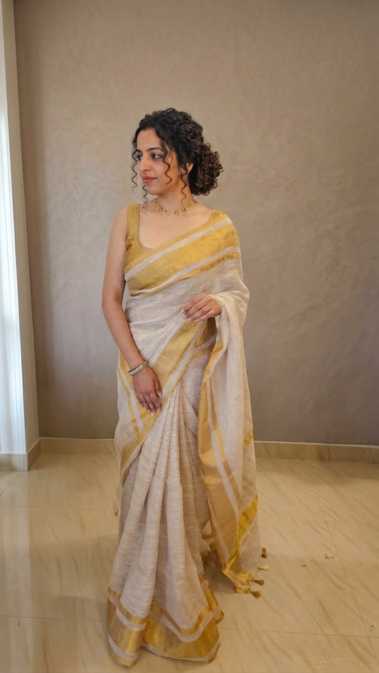 Golden zari border pure linen-cotton saree