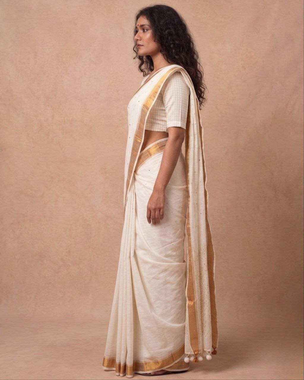 Off white mulmul cotton saree with mini sequins