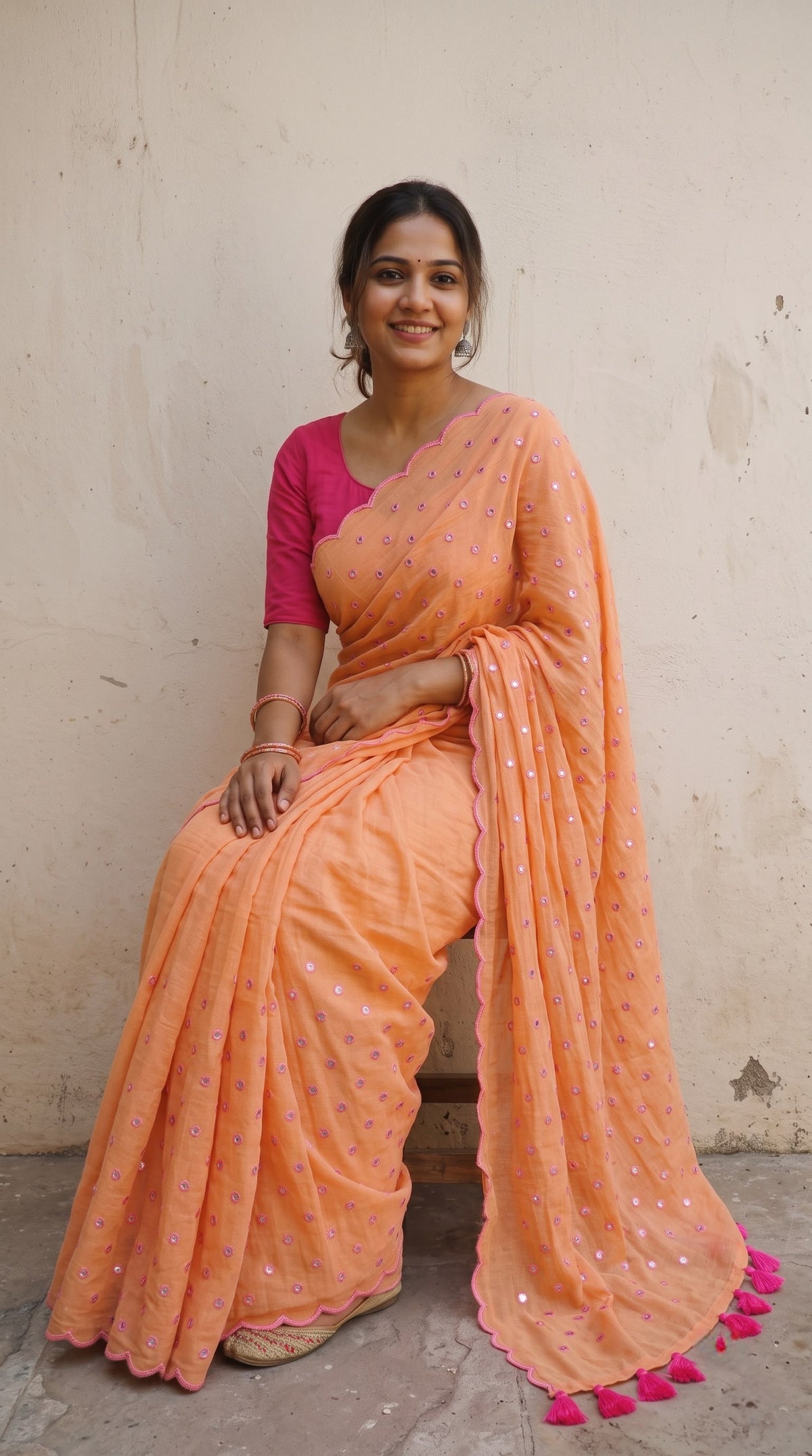 Light Orange scallop Border Mirror Work Saree