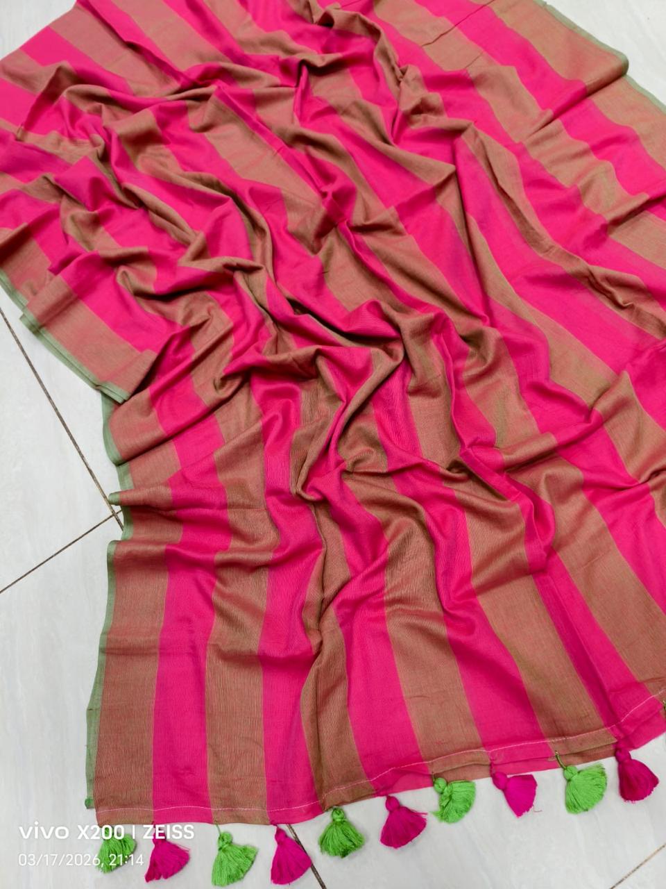 Dark pink n brown striped mulmul cotton saree