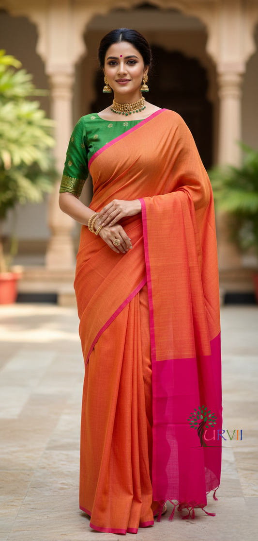Burnt orange mulmul cotton saree