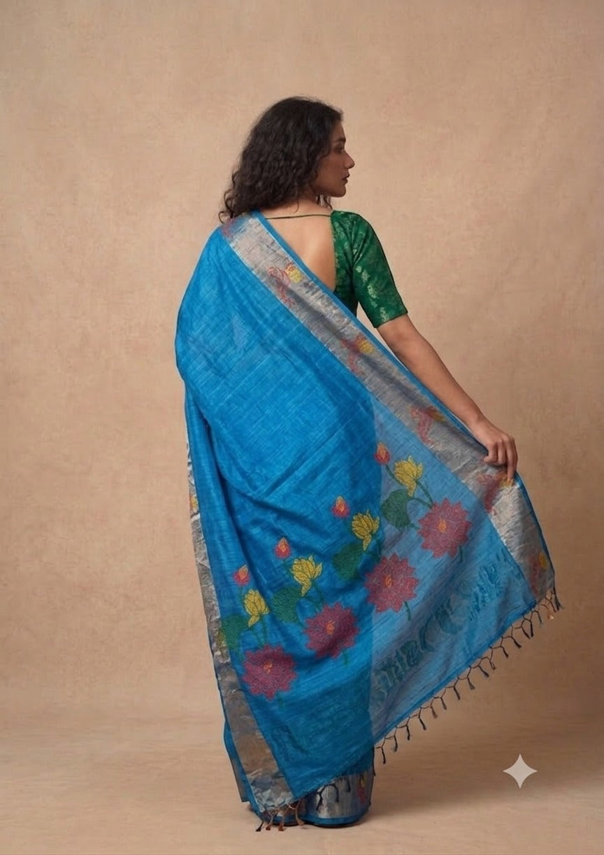 Turqoise blue tussar Jamdani saree