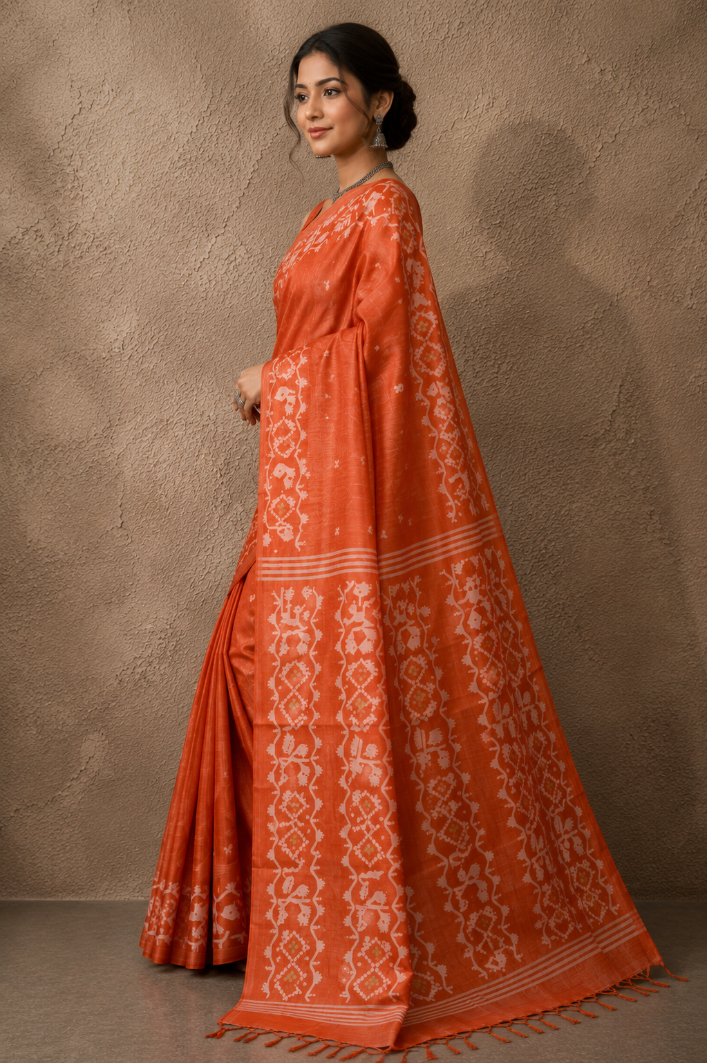 Burnt orange Tussar Jamdani saree