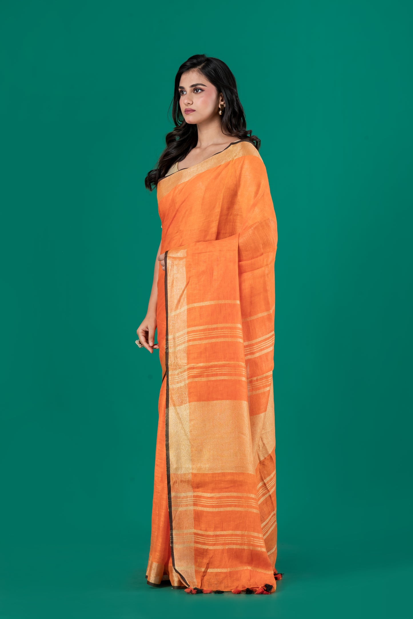 Orange pure linen saree