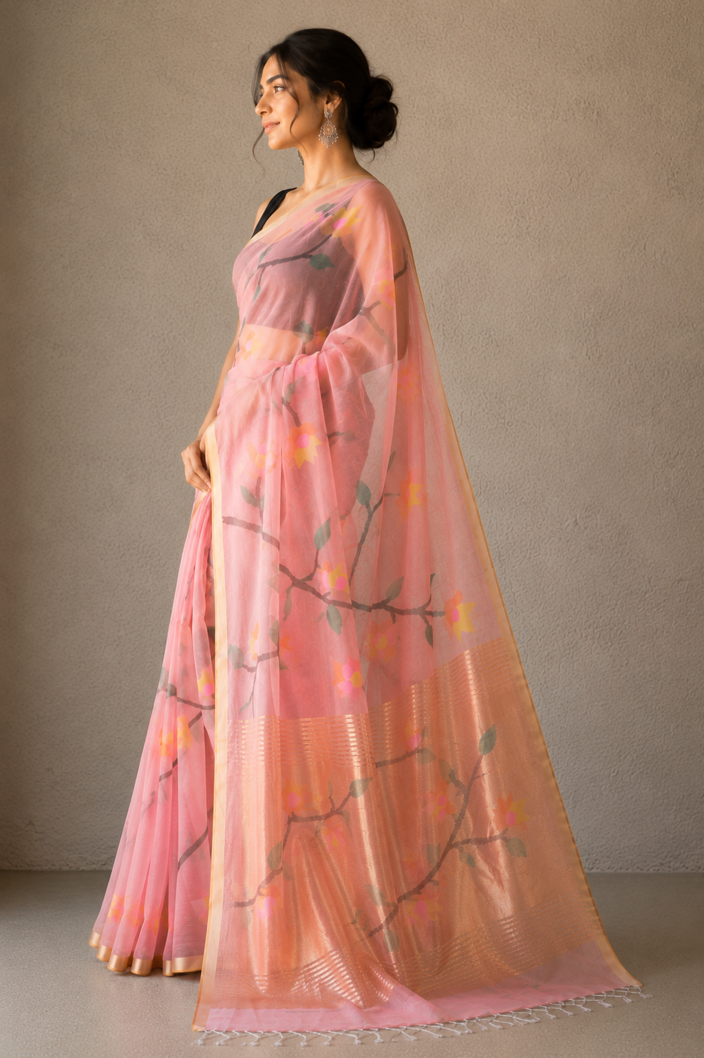 Peach pink handspun white resham paithni silk saree