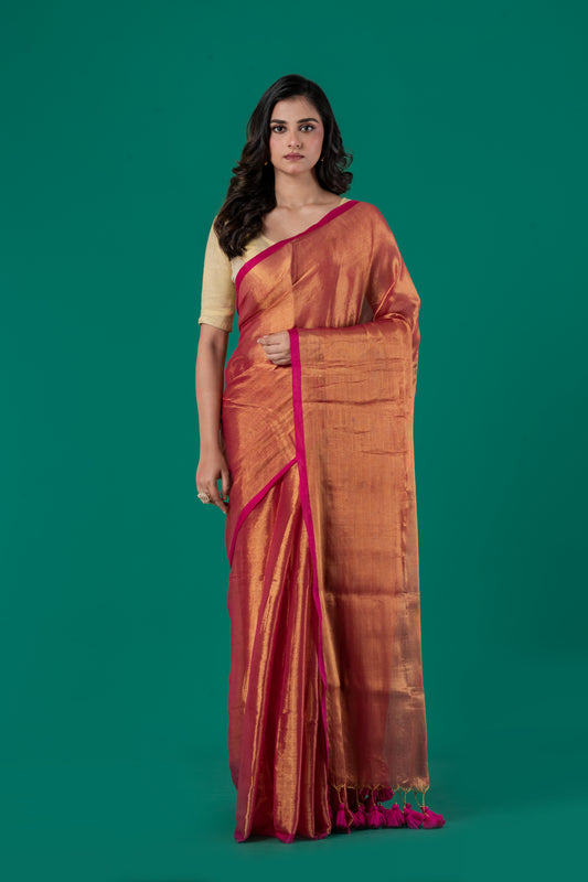 Red & orange metallic fusion tissue cotton saree