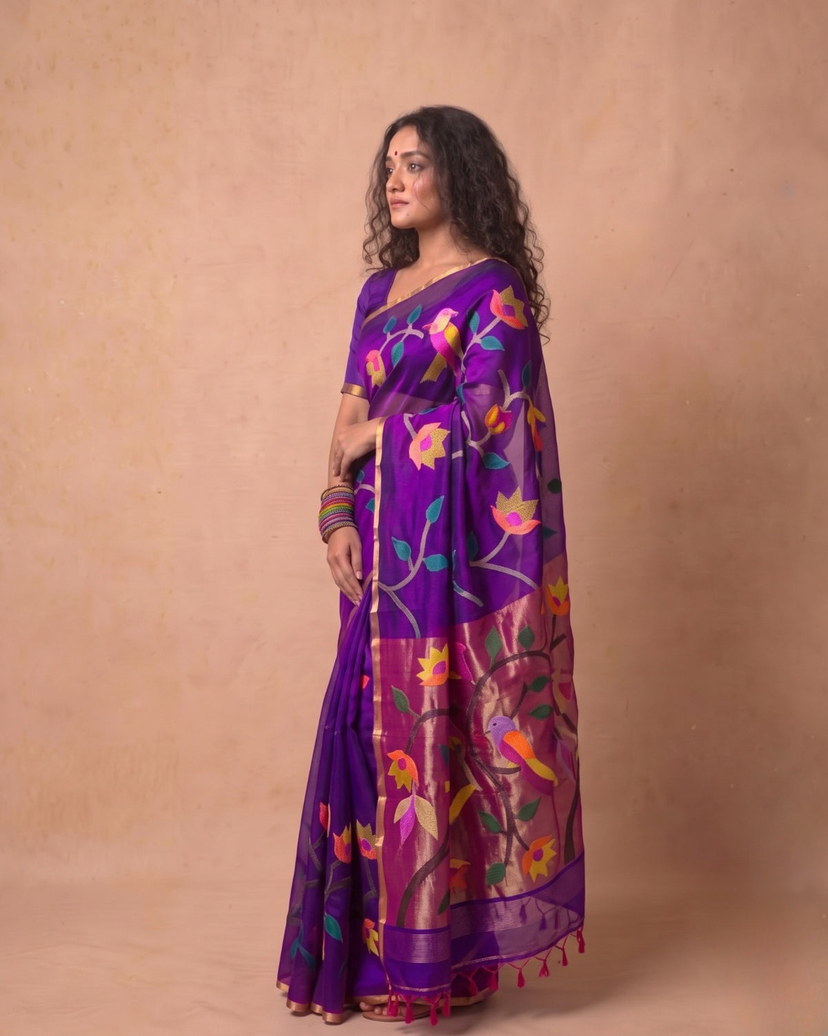 Deep Purple Resham Silk Handloom Saree with Multi-Color Vine Weave