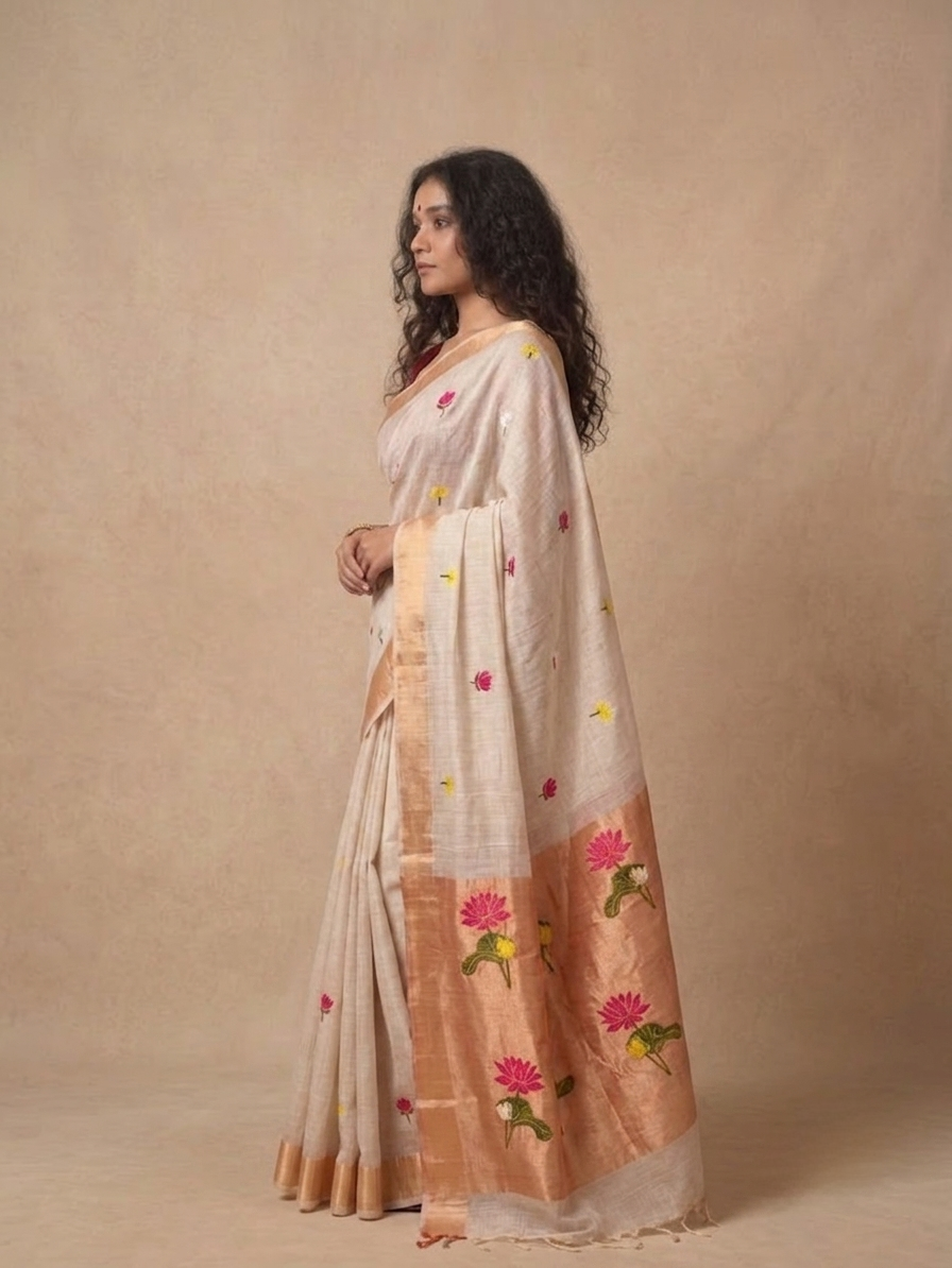 White silk Linen Saree with floral motifs