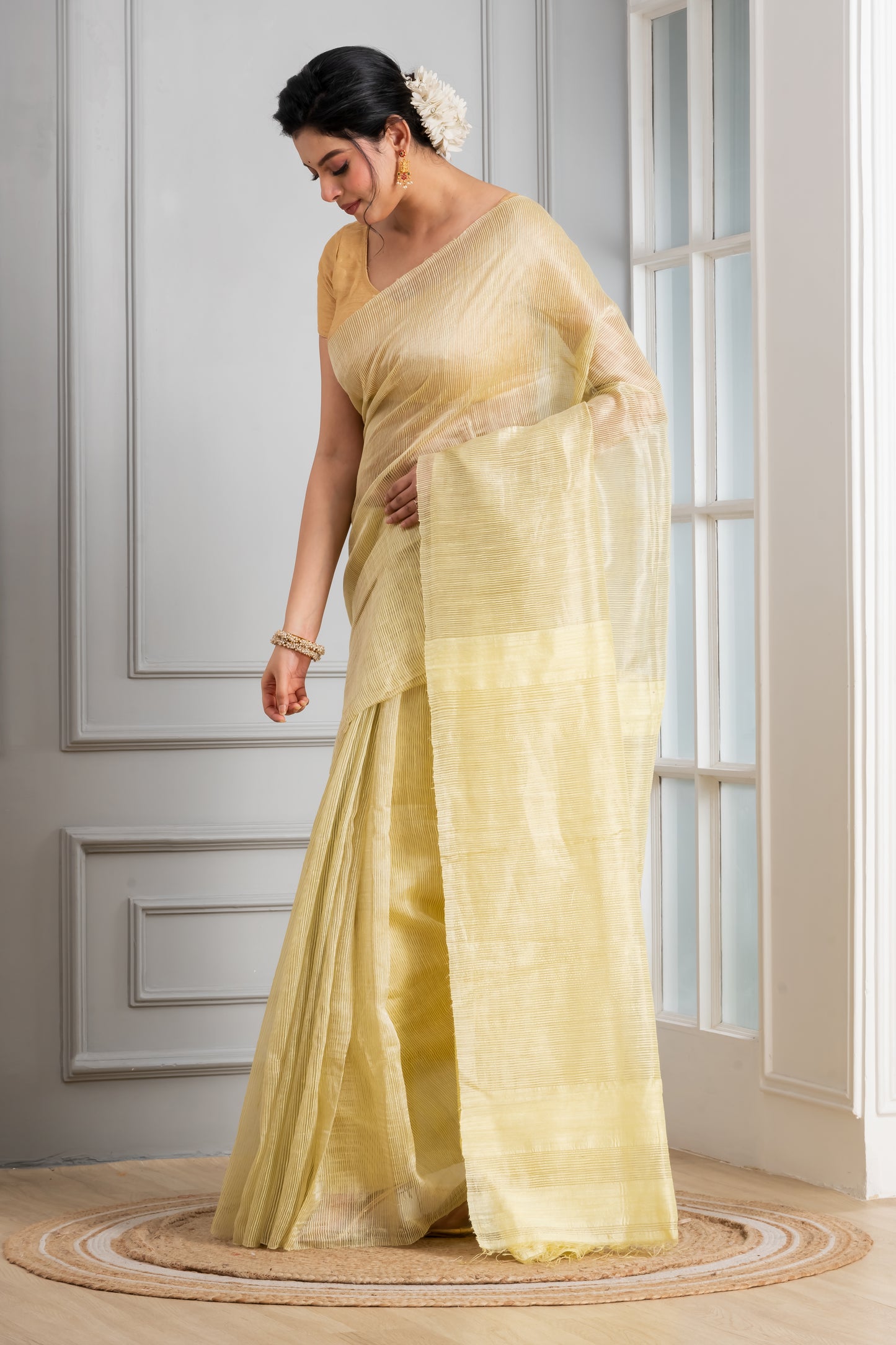 Lemon yellow Striped Matka silk saree