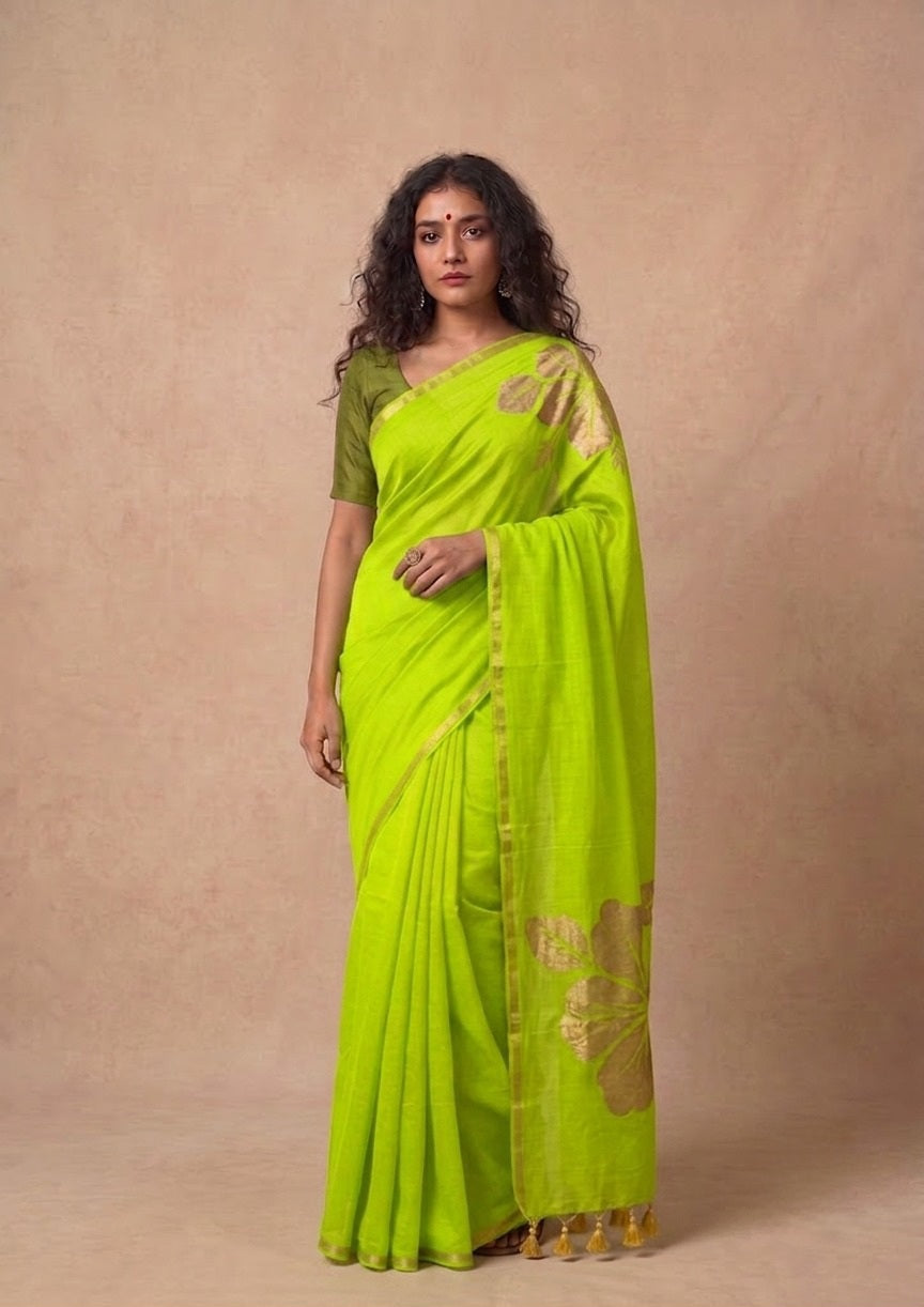 Golden flower parrot green mulmul cotton saree