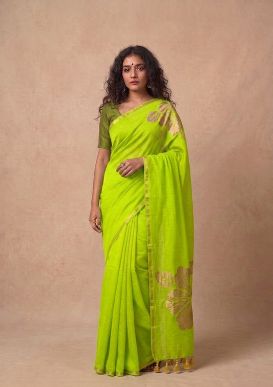 Golden flower parrot green mulmul cotton saree