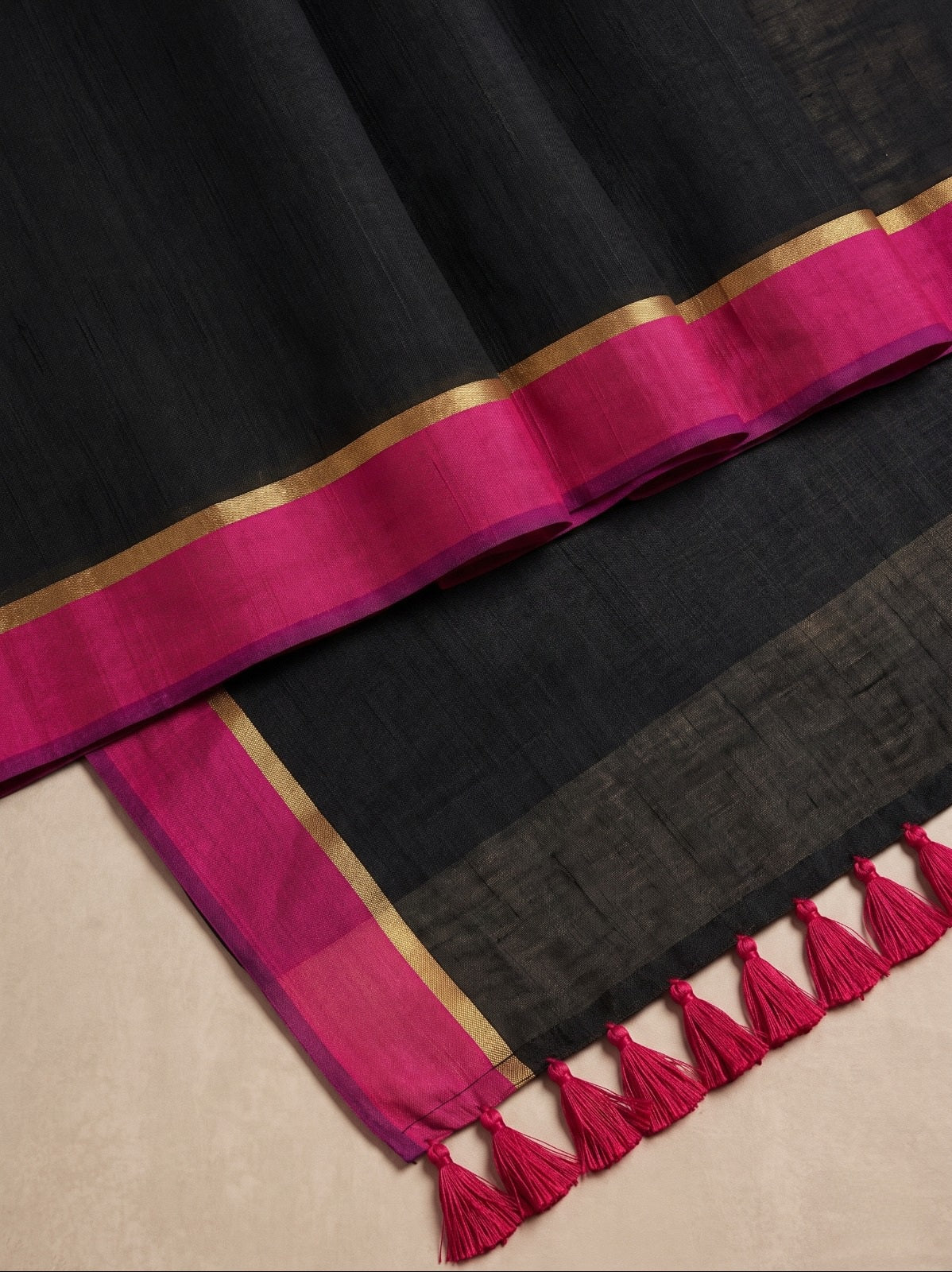 Black mulmul cotton saree pink border