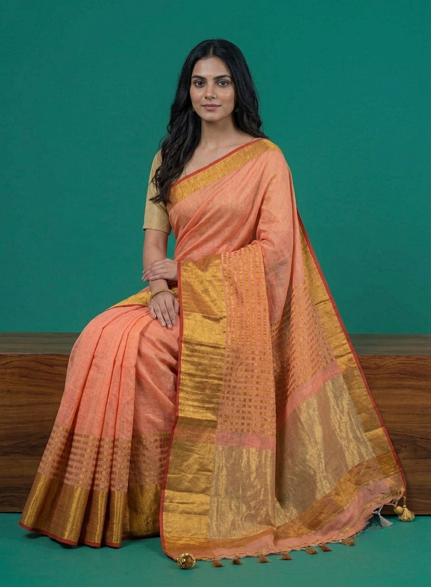 Peach broad zari border Linen Saree