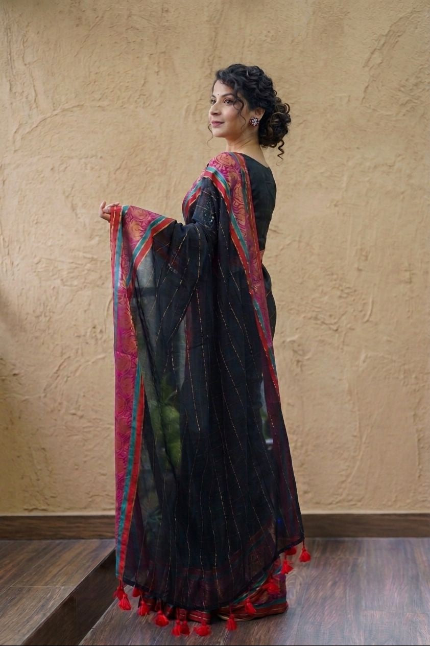 Black striped dark pink kanchi border  mulmul cotton saree