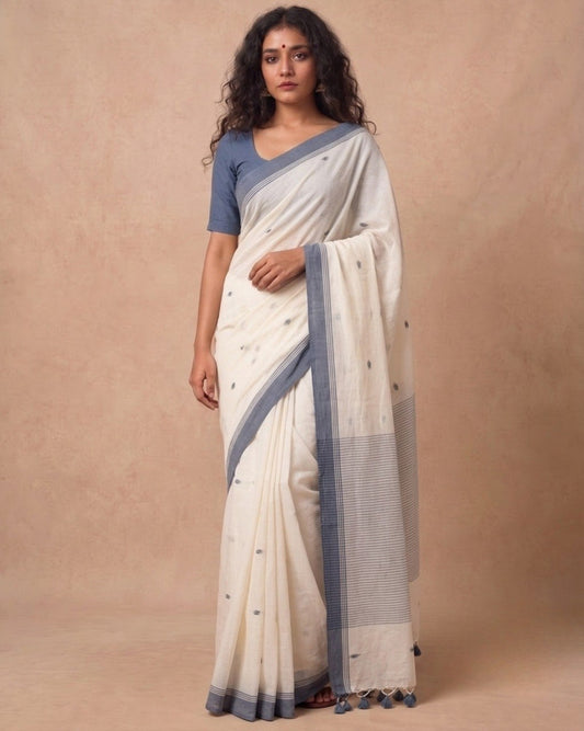 White handspun cotton saree with grey bootis