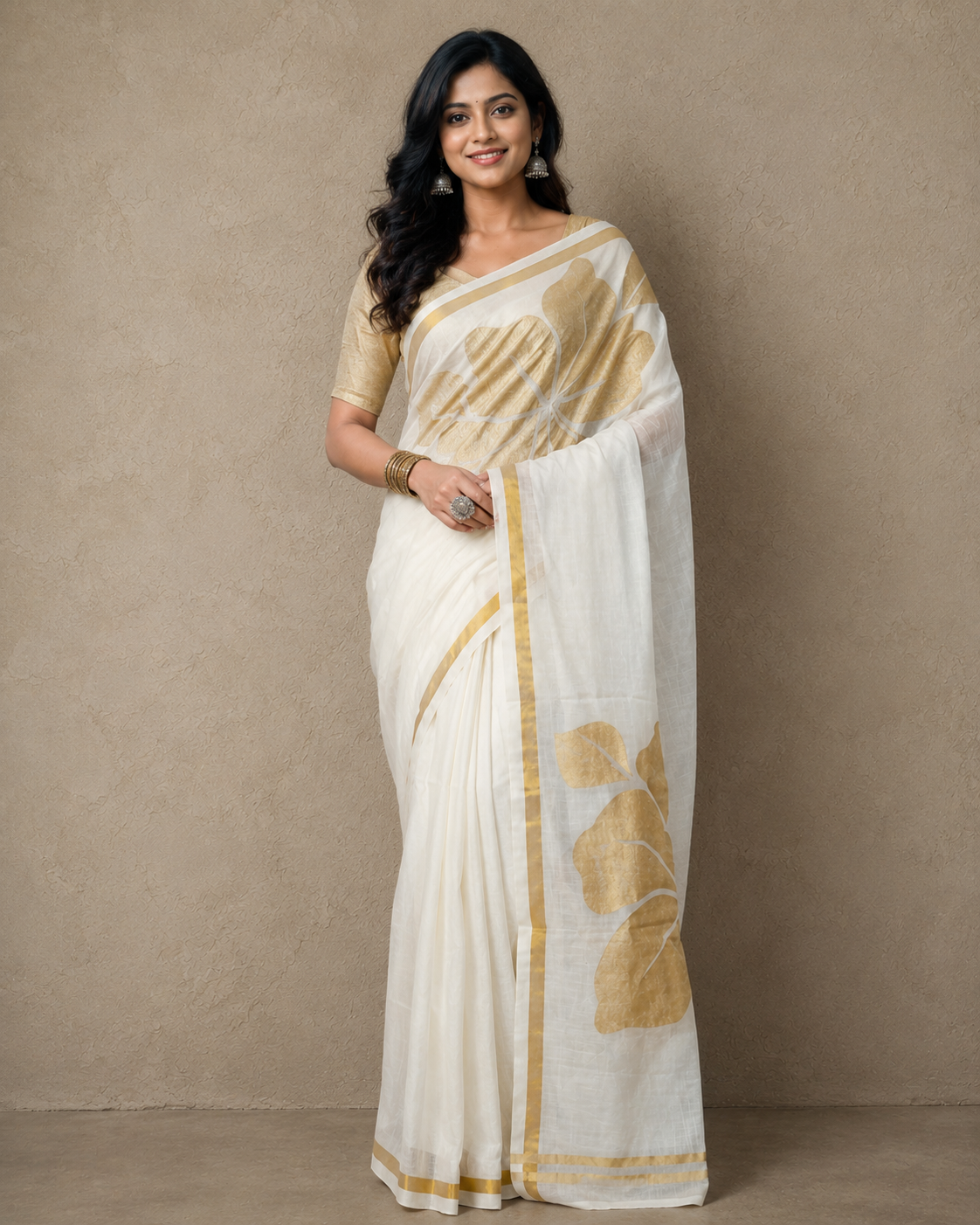 Golden flower black mulmul cotton saree