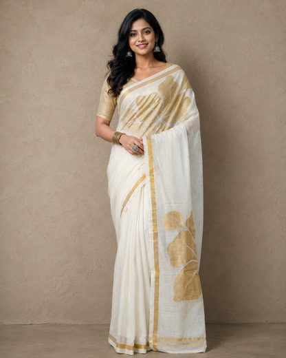 Golden flower black mulmul cotton saree
