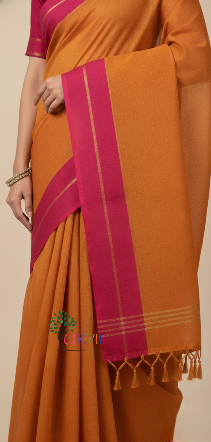 Orange mulmul cotton saree