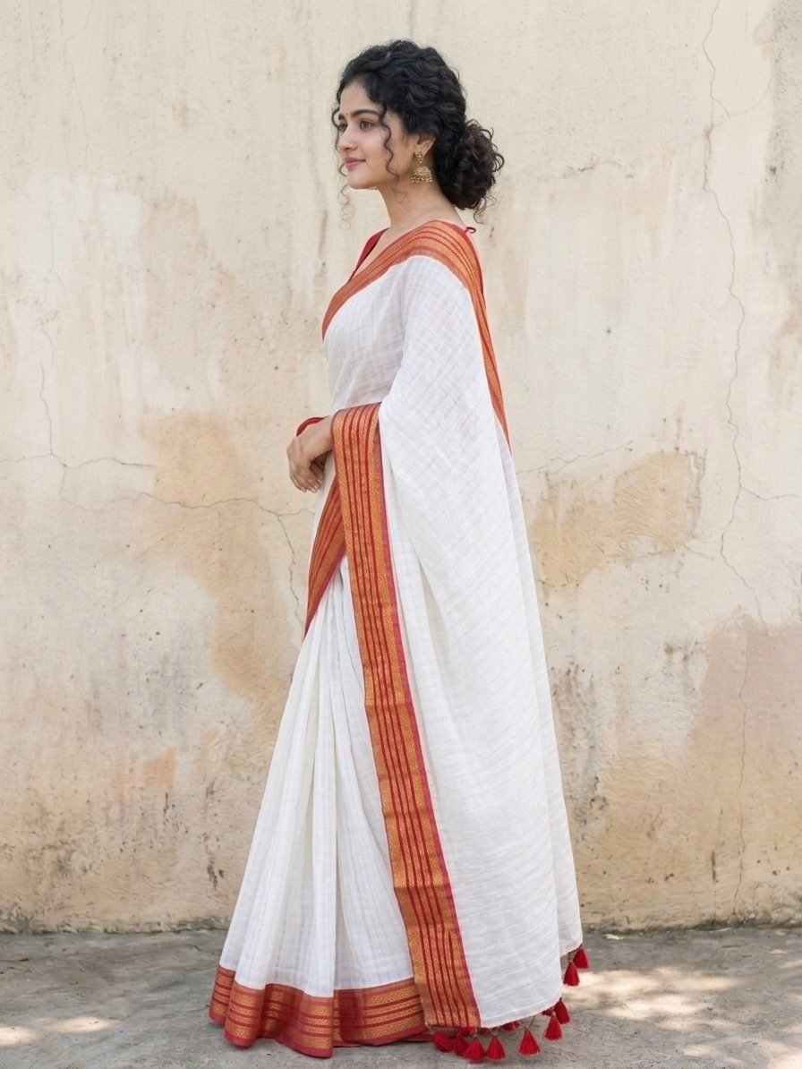 Pure Mul Cotton Saree with Traditional Kanchi Border & Self Check