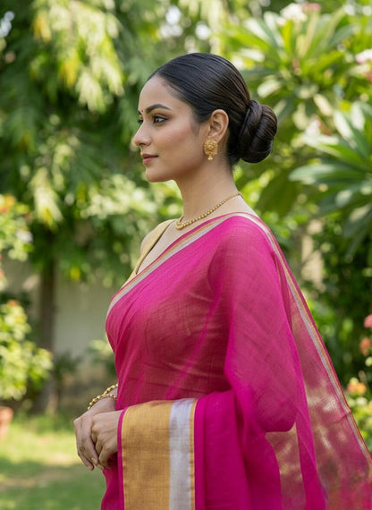 Dark pink mulmul cotton saree