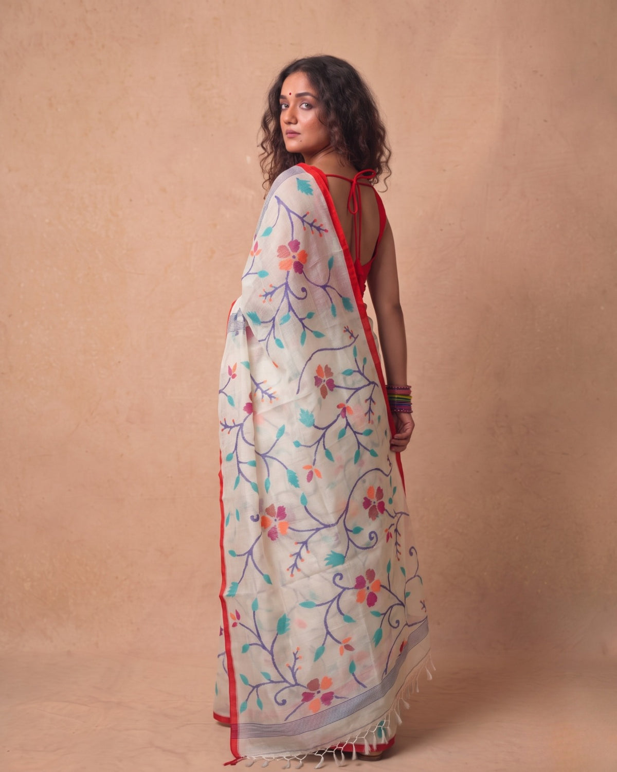 Pure Resham Handwoven Jamdani Saree in Off-White with Red Border